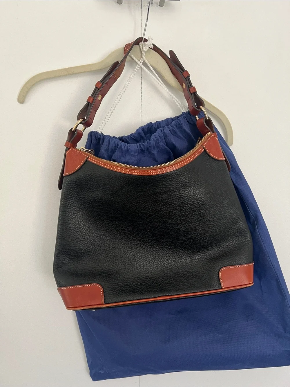 Dooney & Bourke Black Leather Shoulder Bag with Brown Trim